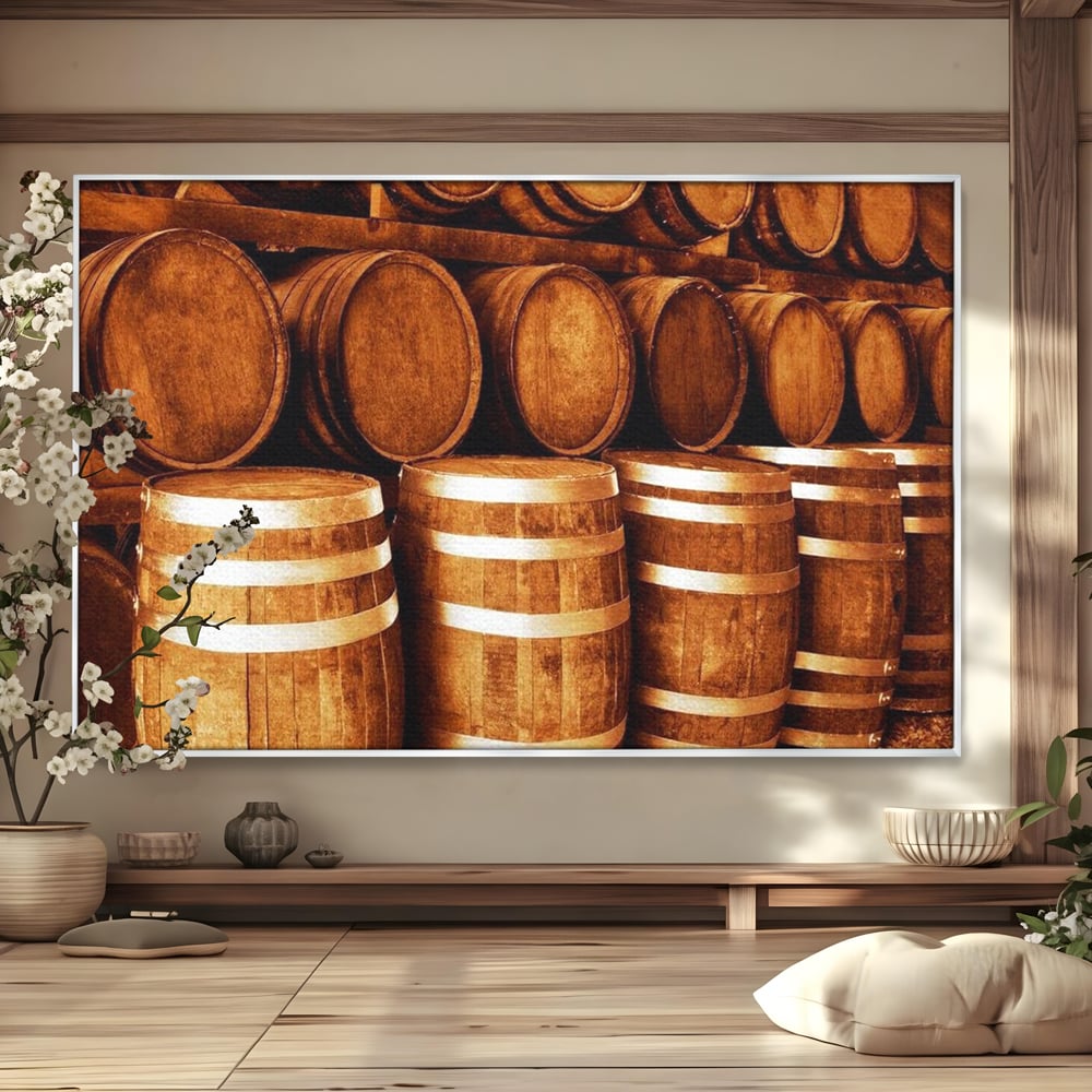 Tablou canvas cu tablou canvas cu butoaie din lemn, in rama de aluminiu argintiu